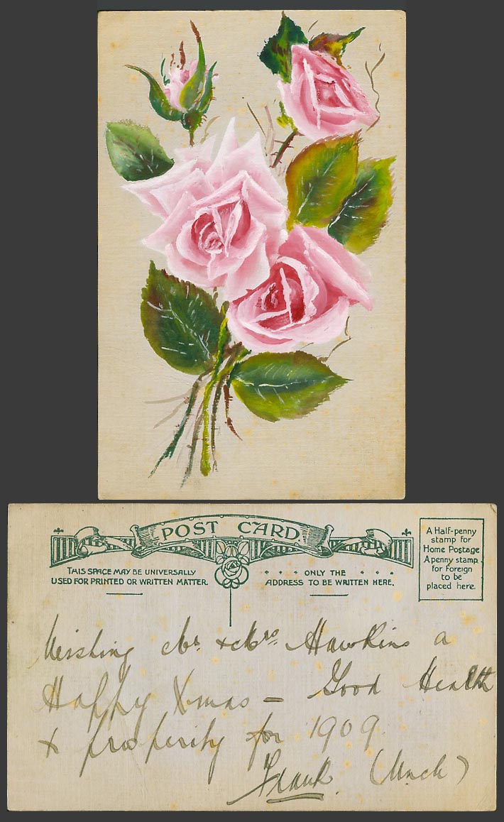 Genuine Hand Painted Pink Roses Rose Flowers Novelty Art Drawn 1909 Old Postcard