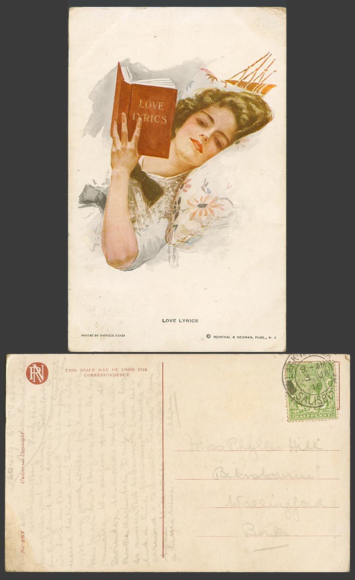 Love Lyrics Glamour Woman Lady Reading Bed Artist Drawn 1916 Old Colour Postcard