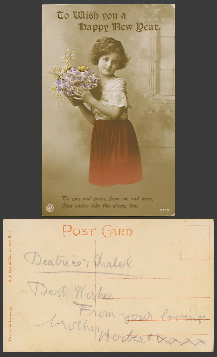 Little Girl holding Basket of Flowers, To Wish You a Happy New Year Old Postcard