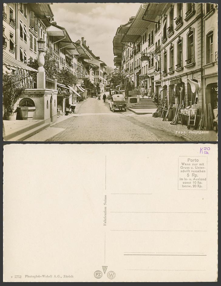 Switzerland Old Real Photo Postcard THUN Hauptgasse, Street Scene Vehicle & Shop
