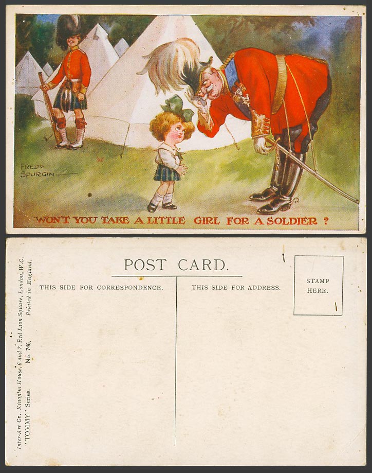 Fred Spurgin Old Postcard Won't you take a little girl for a soldier? Tommy Camp