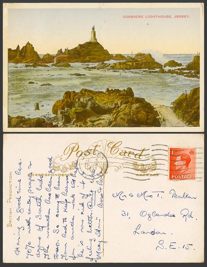 Jersey KE8 1d 1937 Old Colour Postcard La Corbiere Lighthouse on Rock Rocks C.I.