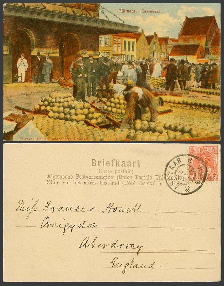 Netherlands 5c on 1904 Old UB Postcard Alkmaar Kaasmarkt, Cheese Market, Sellers