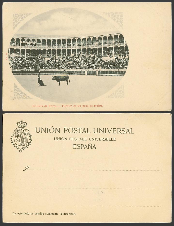 Spain Old UB Postcard Corrida de Toros Fuentes en un Pase de muleta Bullfighting