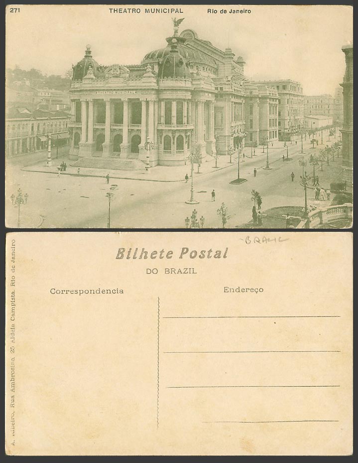 Brazil Old Postcard Rio de Janeiro Theatro Municipal Theatre Street Scene No.271