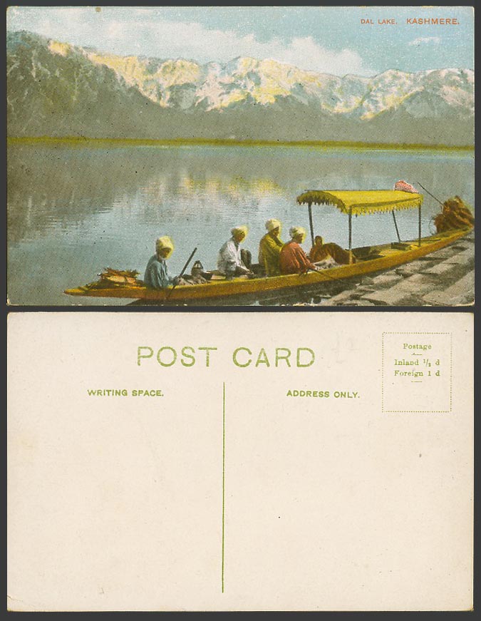 India Old Colour Postcard DAL LAKE Kashmere Native Boat Boating & Snowy Mountain