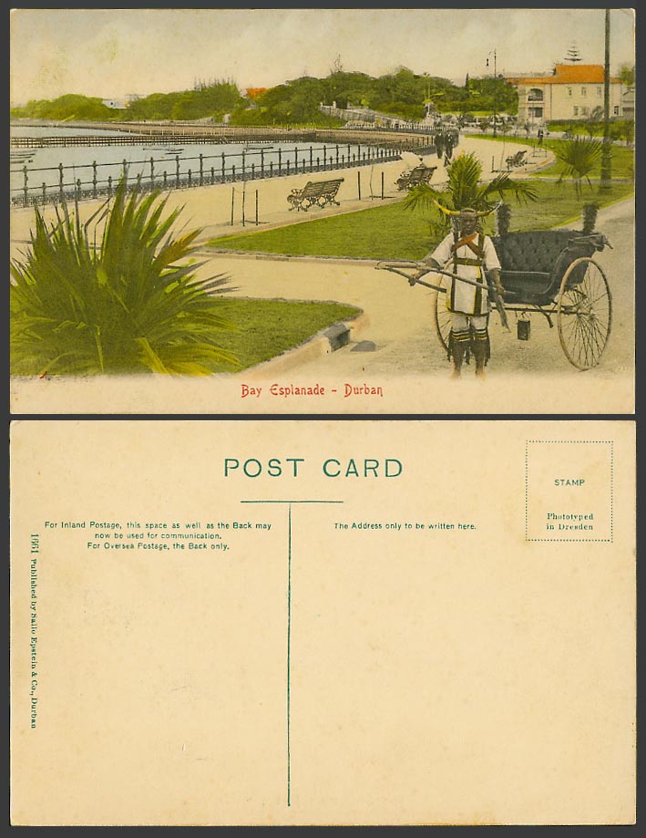 South Africa, Durban Bay Esplanade, African Ricksha Boy Old Hand Tinted Postcard