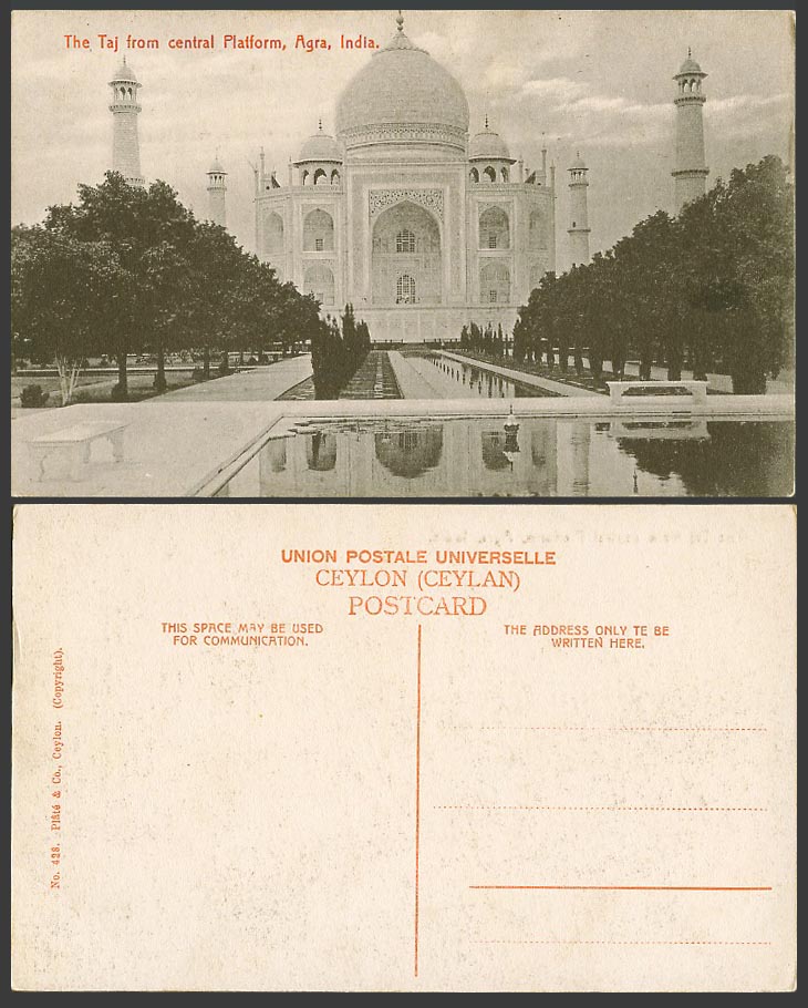 India Old Postcard The Taj Mahal from Central Platform, Agra, Fountains, Gardens