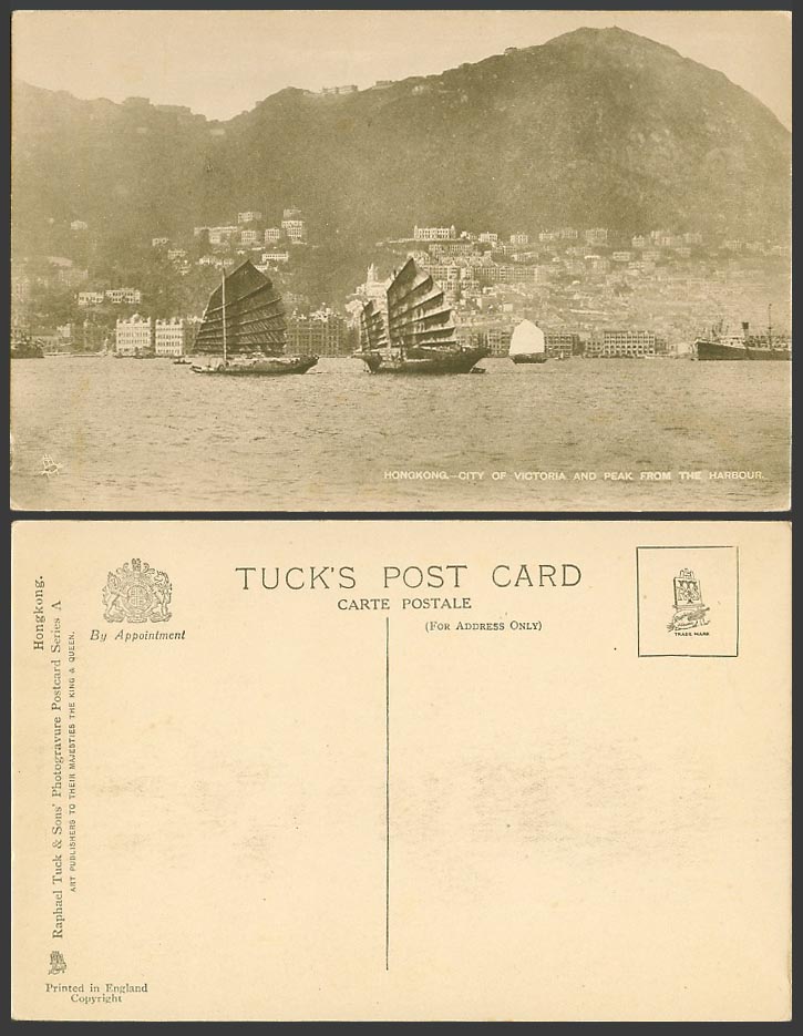 Hong Kong Old Tuck's Postcard Victoria City Peak from Harbour Chinese Junk Boats