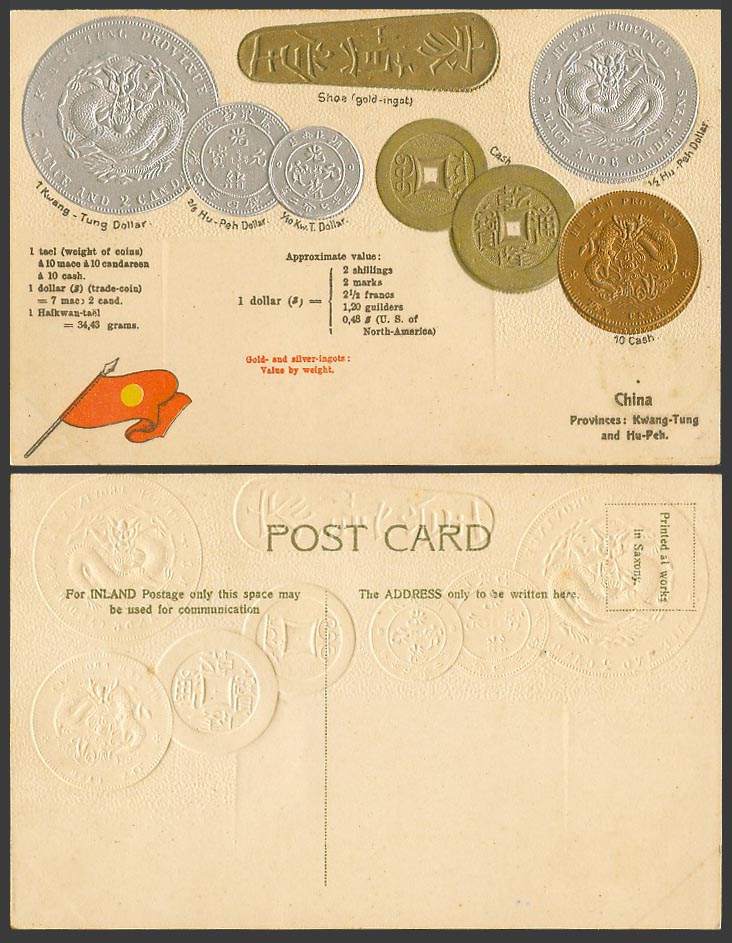 China Coin Card, Vintage Chinese Coins Kwang-Tung and Hu-Peh Dragon Old Postcard