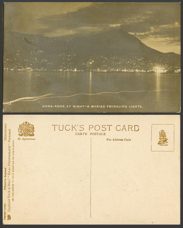Hong Kong at Night A Myriad Twinkling Lights Old Tuck's Real Photograph Postcard