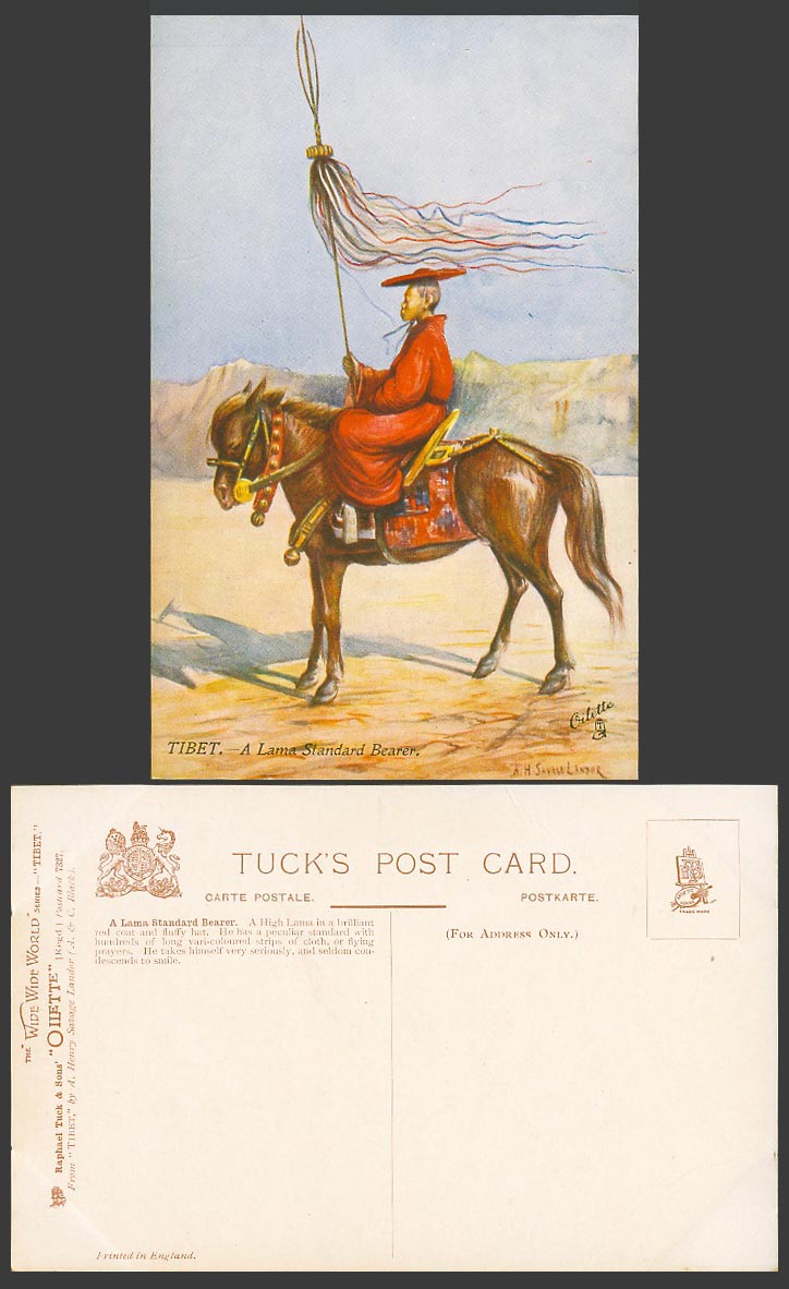 TIBET China Old Tuck's Postcard Tibetan LAMA Standard Bearer Pony or Horse Rider