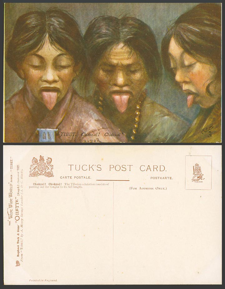 TIBET China Old Tuck's Oilette Postcard Tibetan Salutation Chakzal Tongues Women