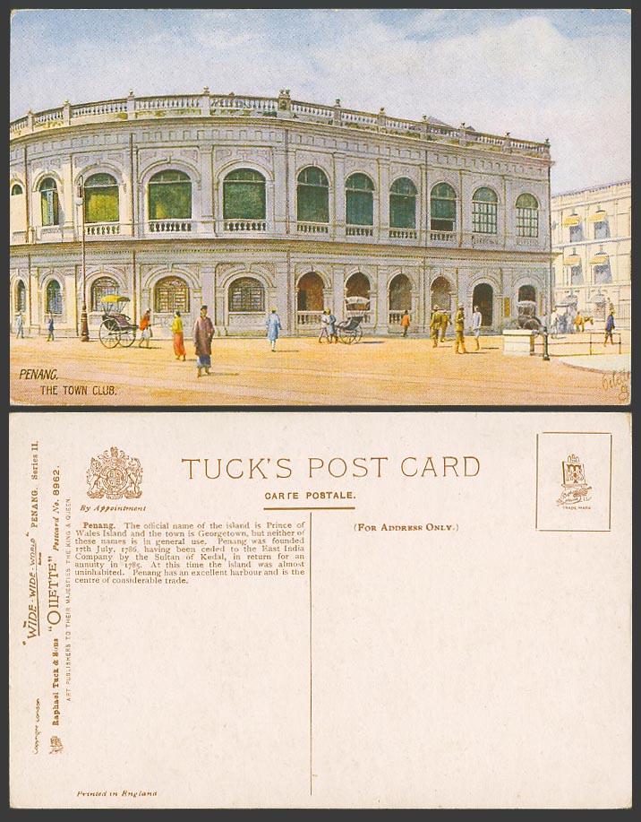 Penang Old Tuck's Oilette Postcard The Town Club, Street Scene, Rickshaw Coolies
