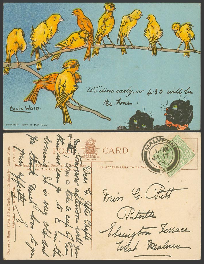Louis Wain Artist Signed Cats Bird We Dine Early so Write Away 1909 Old Postcard