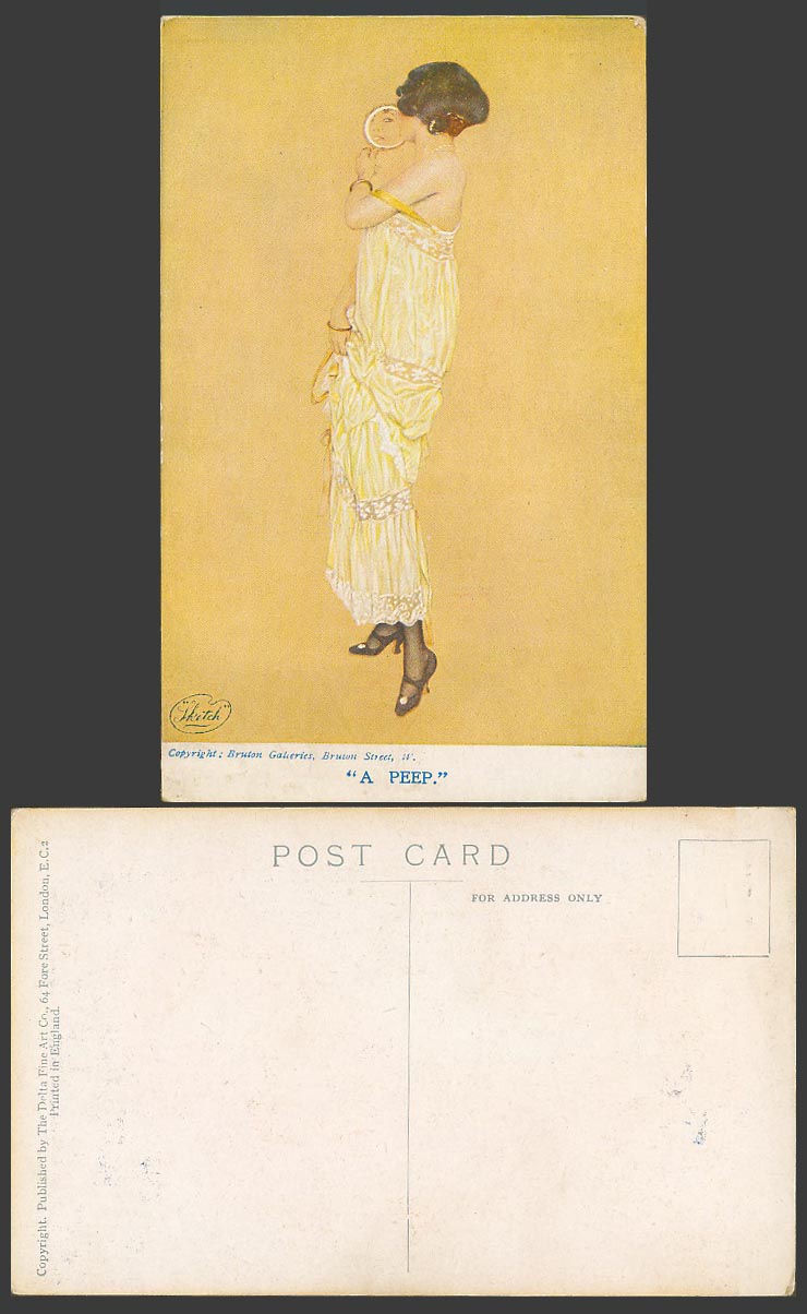 Raphael Kirchner Old Postcard A Peep, Glamour Lady Woman holding a Mirror Sketch