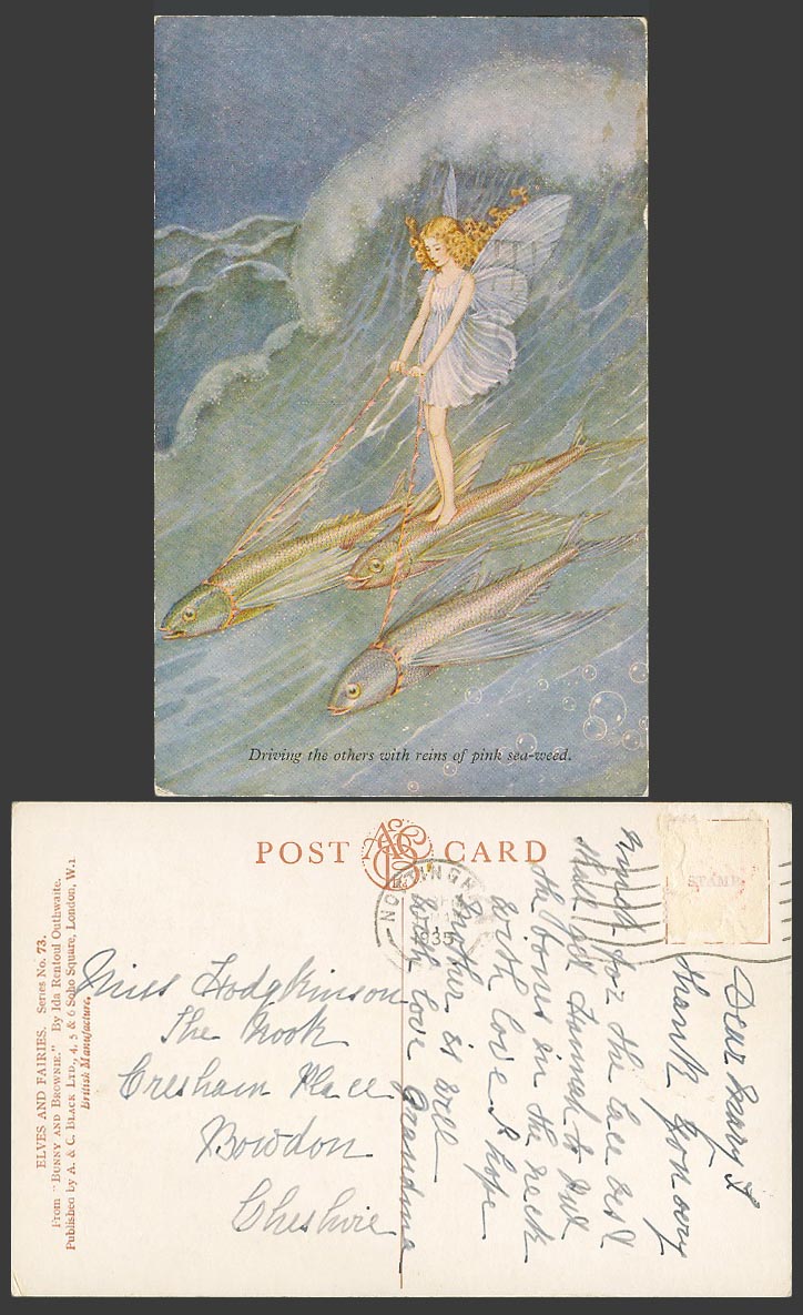 I R OUTHWAITE 1935 Old Postcard Fairy Driving Others with Reins of Sea-Weed Fish