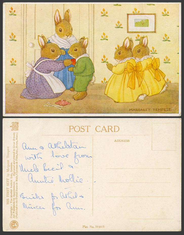 Margaret Tempest Artist Signed Old Postcard His First Suit Rabbit Rabbits Medici