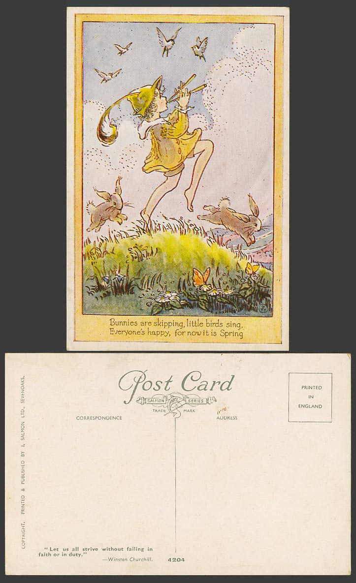 FW Artist Signed Old Postcard Peter Pan Piper Downland Sloping Hills Rabbits Run
