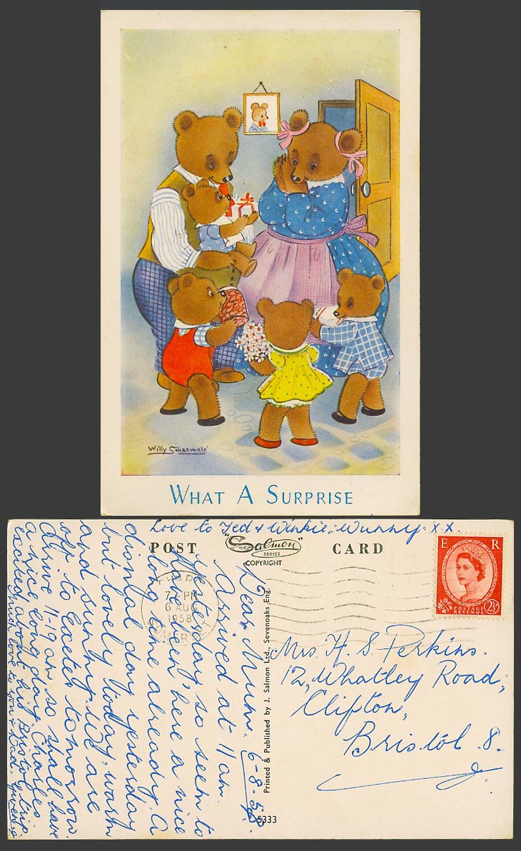 Teddy Bear Bears What a Surprise Willy Schermele Artist Signed 1958 Old Postcard