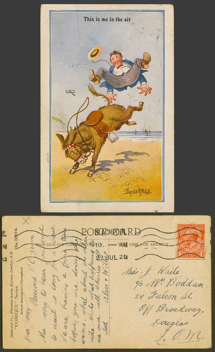 Donald McGill 1920 Old Postcard This is me in the Air, Donkey Ride on Beach 3204