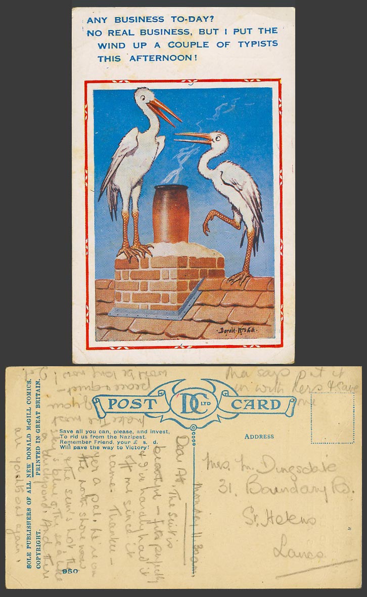 Donald McGill Old Postcard Stork Birds No Real Business, Put Wind Up Typists 950