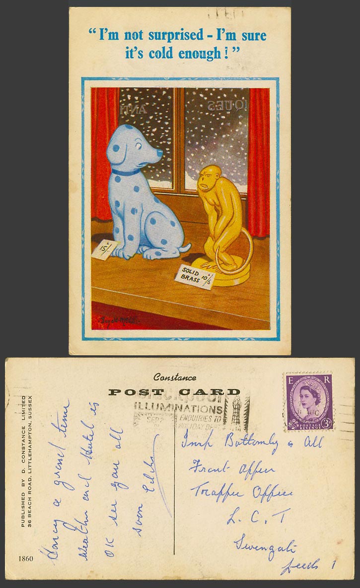 Donald McGill Old Postcard Dalmatian Dog & Monkey I'm Sure it's Cold Enough 1860