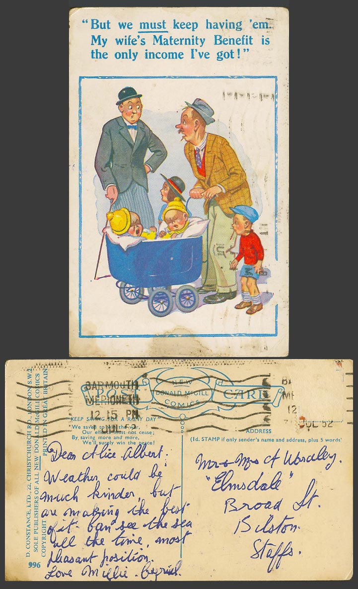 Donald McGill 1952 Old Postcard Twins Twin Babies - Maternity Benefit Income 996
