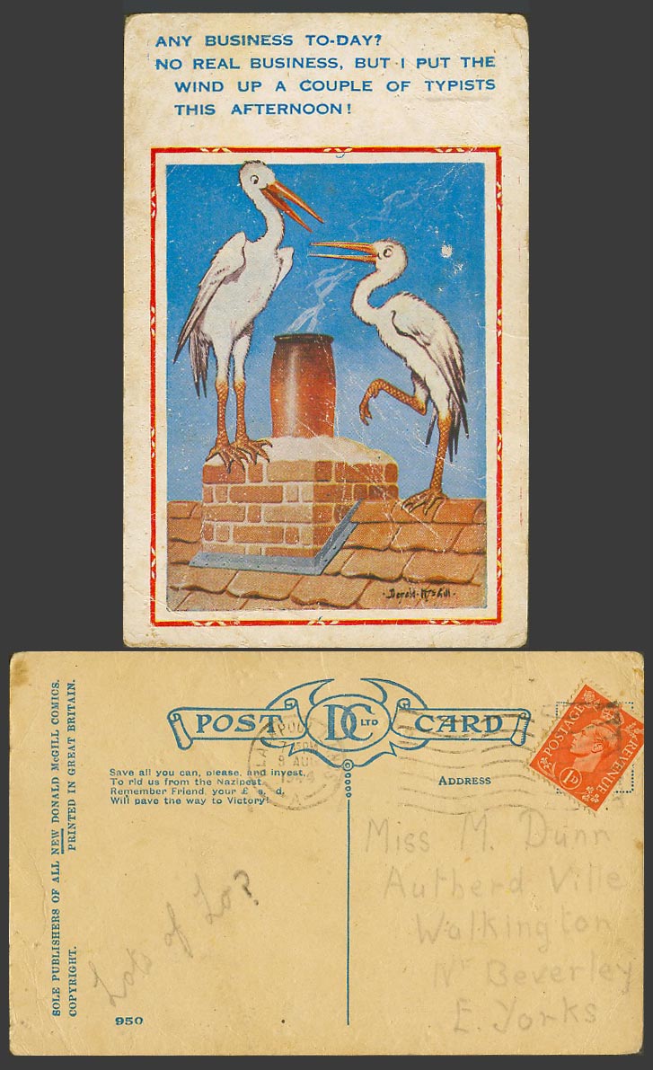 Donald McGill 1944 Old Postcard Stork Birds No Real Business but Put Wind Up 950