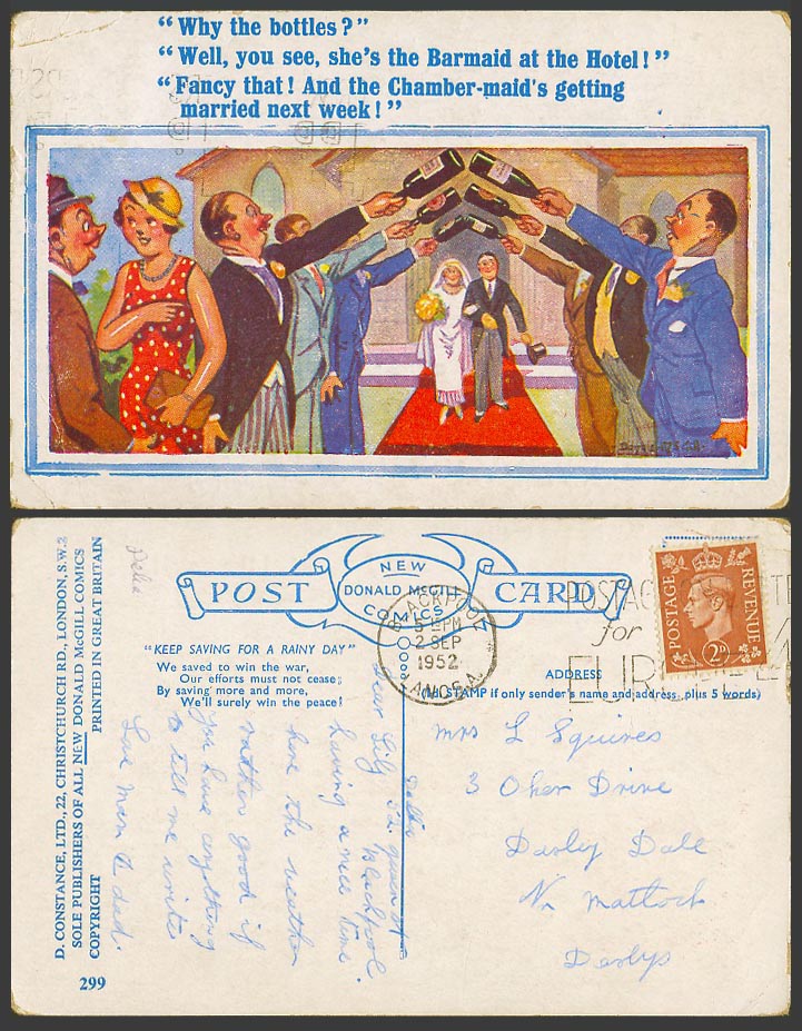 Donald McGill 1952 Old Postcard Wine Bottles She's Barmaid at Hotel, Wedding 229