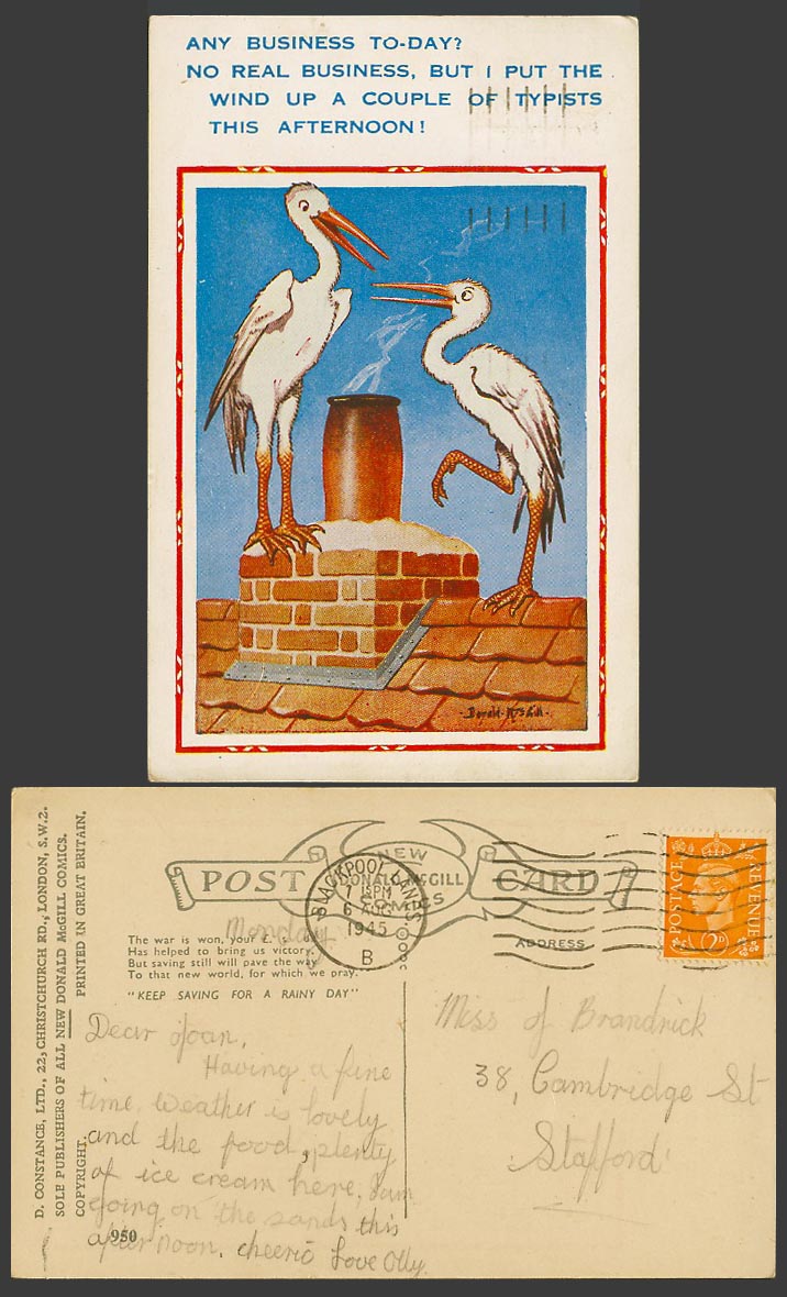 Donald McGill 1945 Old Postcard Stork Birds No Real Business but Put Wind Up 950
