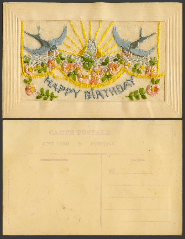 WW1 SILK Embroidered Old Postcard Happy Birthday Sun Birds Flowers, Empty Wallet