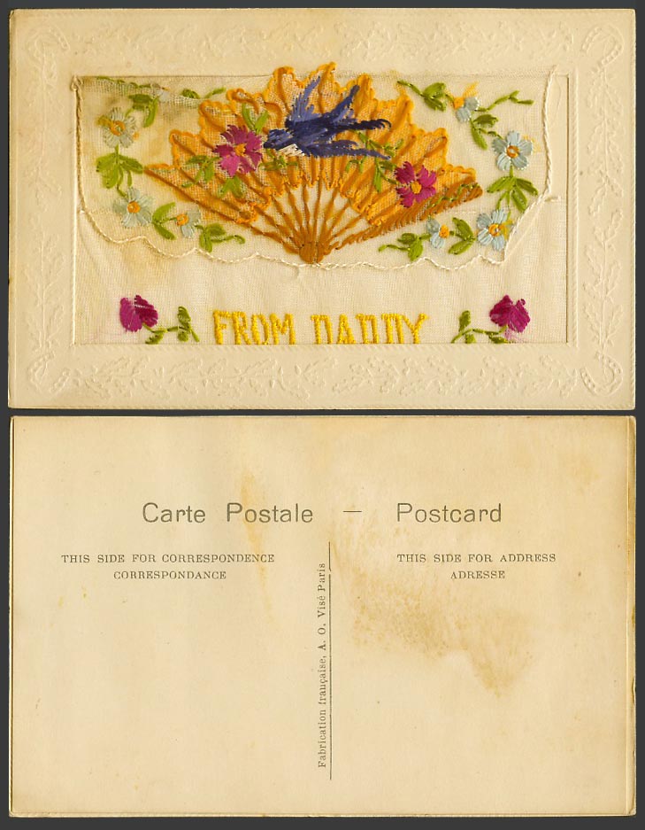 WW1 SILK Embroidered Old Postcard From Nanny Flying Bird Fan Flower Empty Wallet