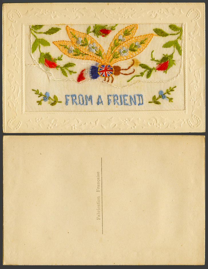 WW1 SILK Embroidered Old Postcard From a Friend, Bee Wasp Butterfly Empty Wallet