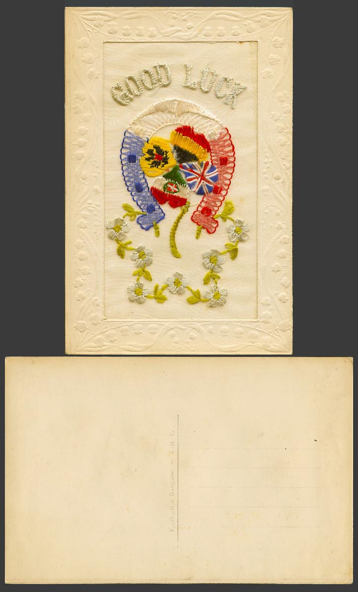 WW1 SILK Embroidered Old Postcard Good Luck Horseshoe Flag Flags Flowers Novelty