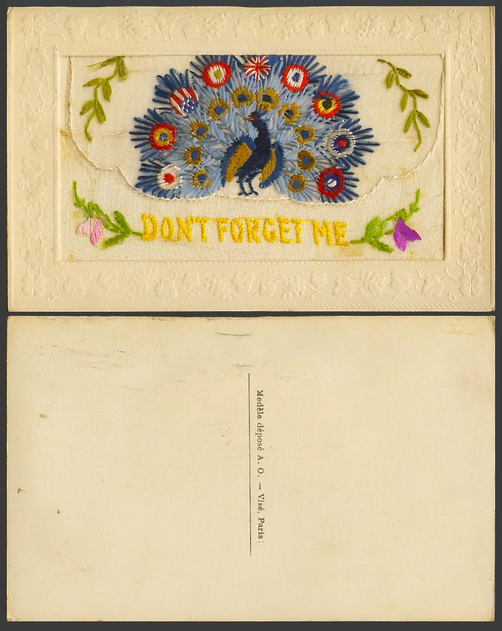 WW1 SILK Embroidered Old Postcard Peacock Bird Flags Tail Don't Forget Me Wallet