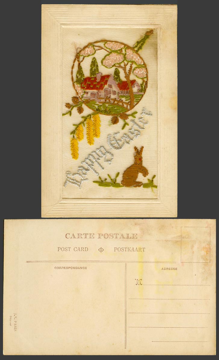 SILK Embroidered Old Postcard Happy Easter, Rabbit Bunny. Cottage House, Novelty