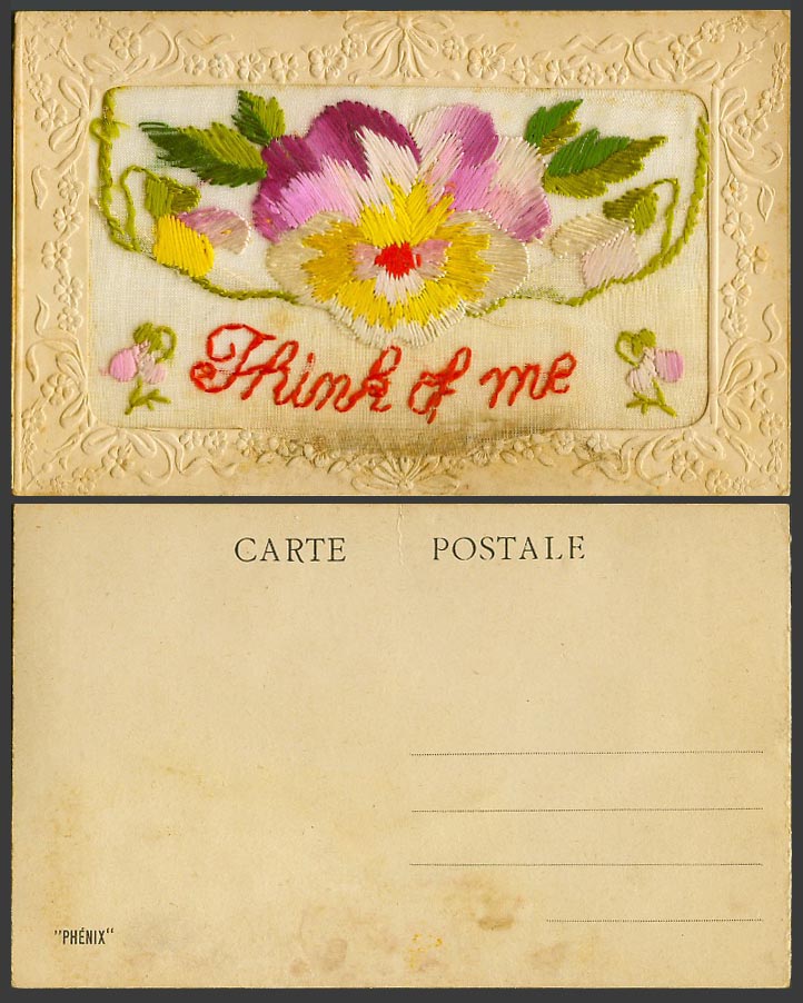 WW1 SILK Embroidered Old Postcard Think of Me Pansy Flowers Novelty Empty Wallet