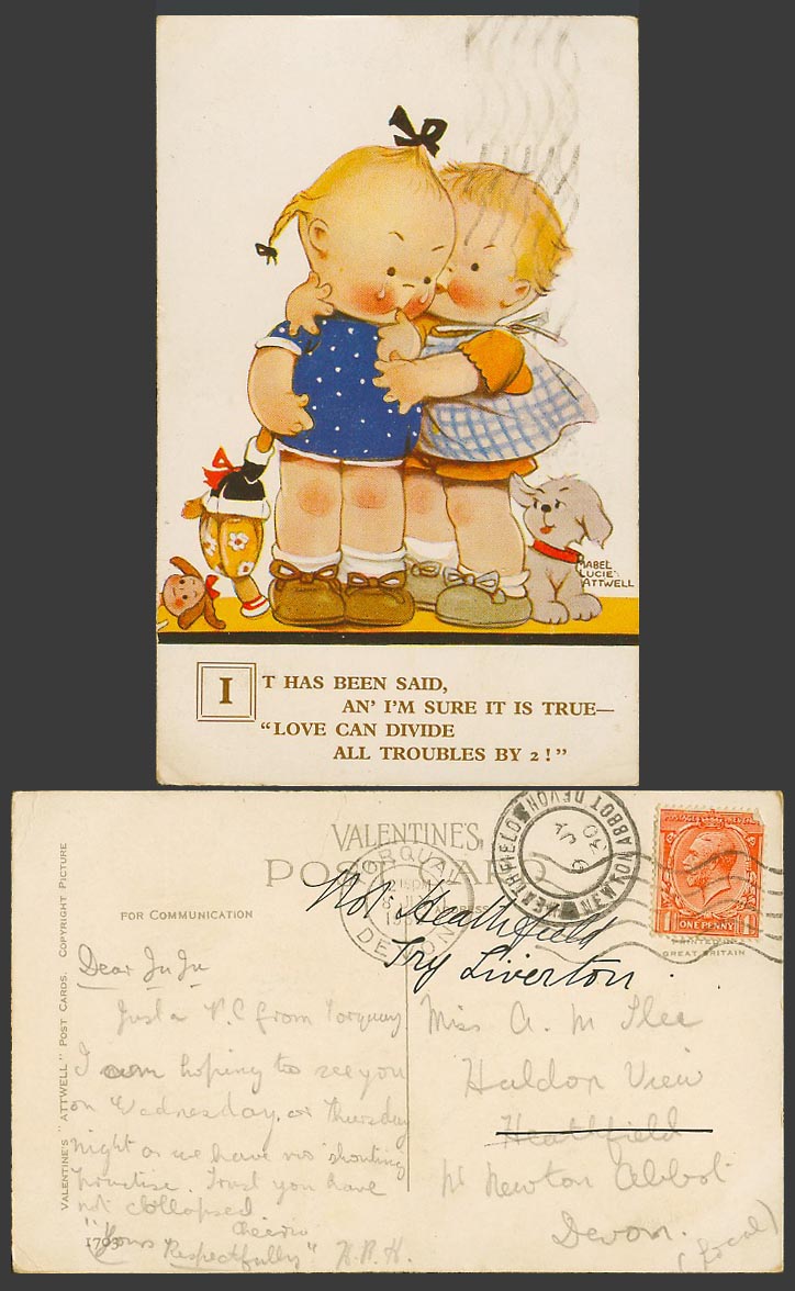 MABEL LUCIE ATTWELL 1930 Old Postcard Love Can Divide All Troubles By 2 Dog 1703
