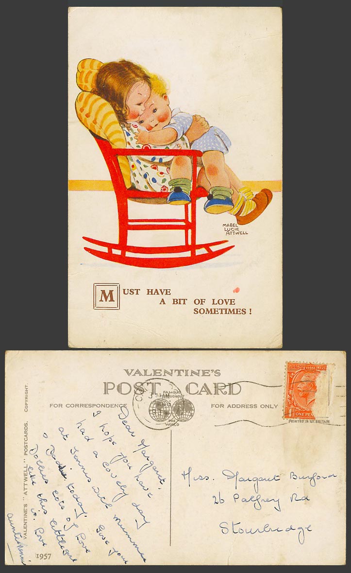 MABEL LUCIE ATTWELL 1934 Old Postcard Must Have a Bit of Love Rocking Chair 1957