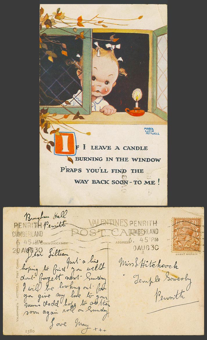MABEL LUCIE ATTWELL 1930 Old Postcard Candle in Window You'll Find Way Back 1580