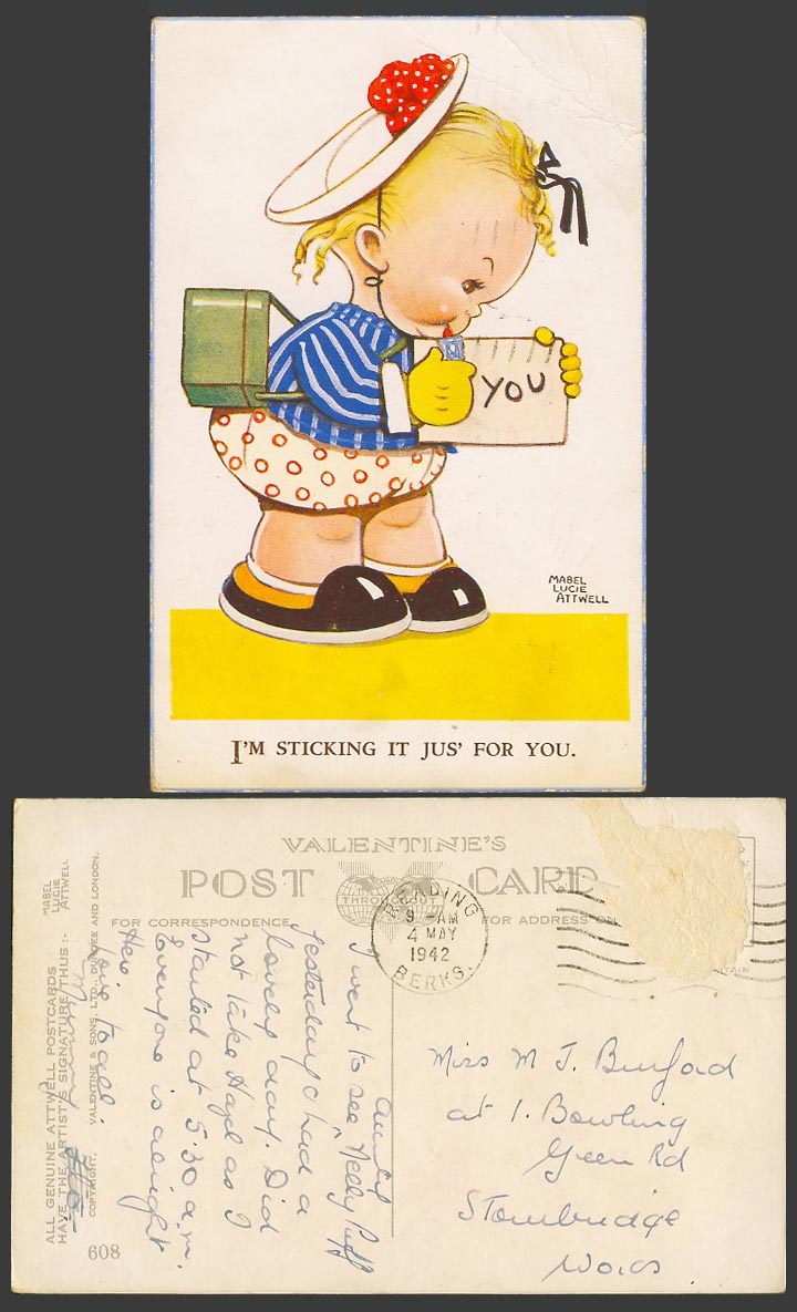 MABEL LUCIE ATTWELL 1942 Old Postcard Girl Sticking Stamp on Letter, For You 608