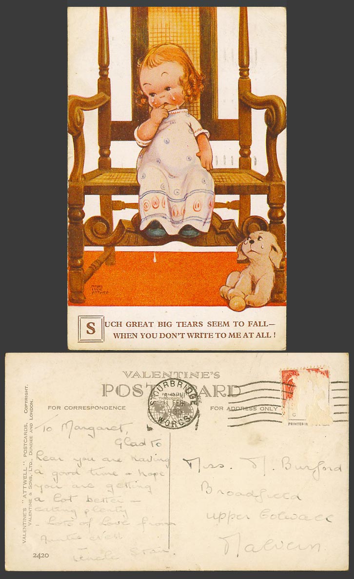 MABEL LUCIE ATTWELL 1935 Old Postcard Dog Puppy Girl, You Don't Write To Me 2420