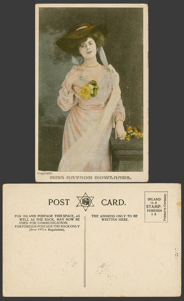 English Actress Miss GAYNOR ROWLANDS Glamour Lady Woman Rose Old Colour Postcard