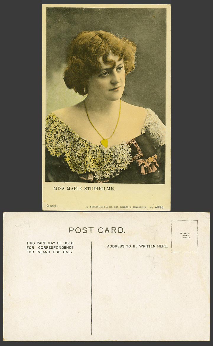 Actress Miss Marie Studholme, Glamour Lady Woman, Necklace Old Colour Postcard