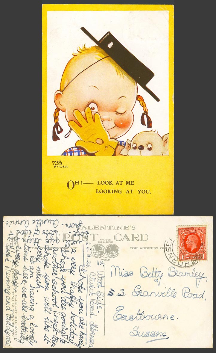 MABEL LUCIE ATTWELL Old Postcard Girl and Dog Oh! Look at me looking at you 3281