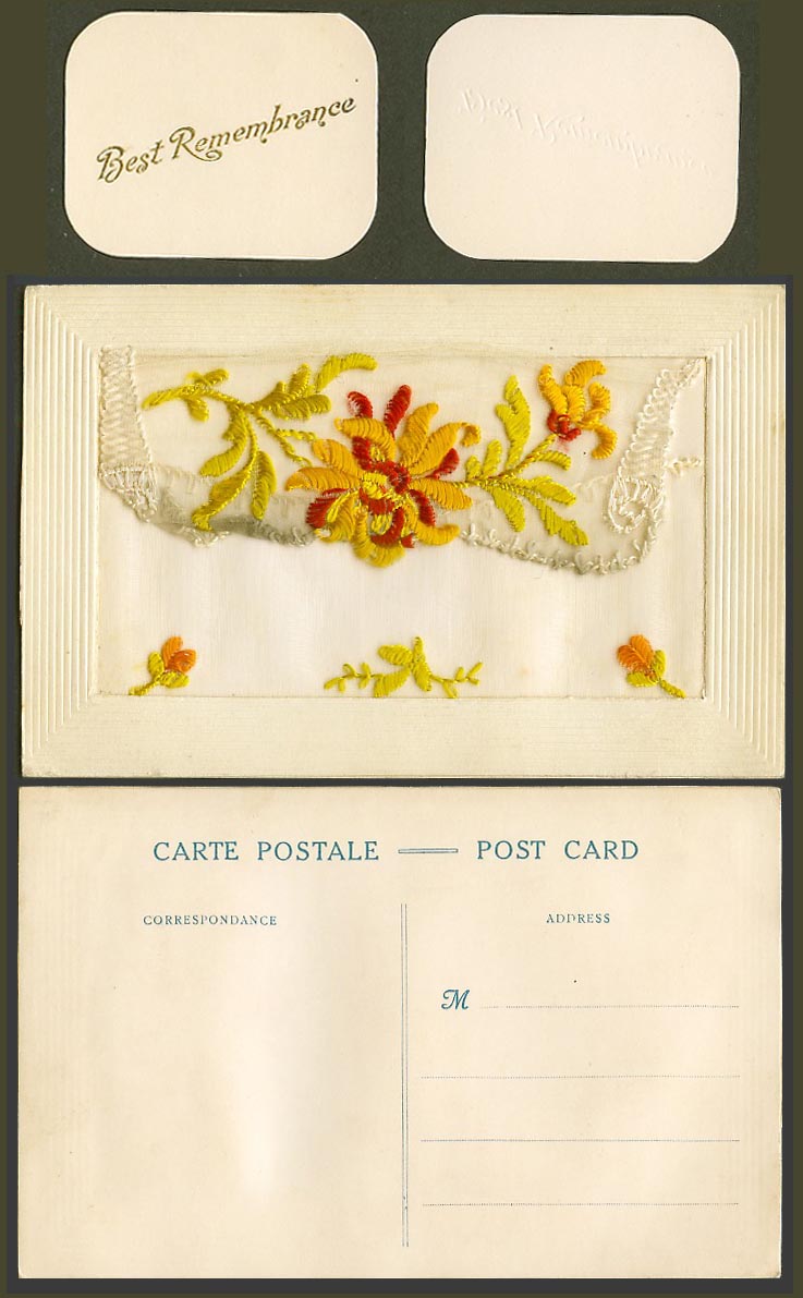 WW1 SILK Embroidered French Old Postcard Flowers Best Remembrance Card in Wallet
