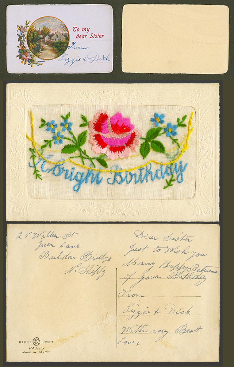 WW1 SILK Embroidered Old Postcard A Bright Birthday, To My Dear Sister in Wallet