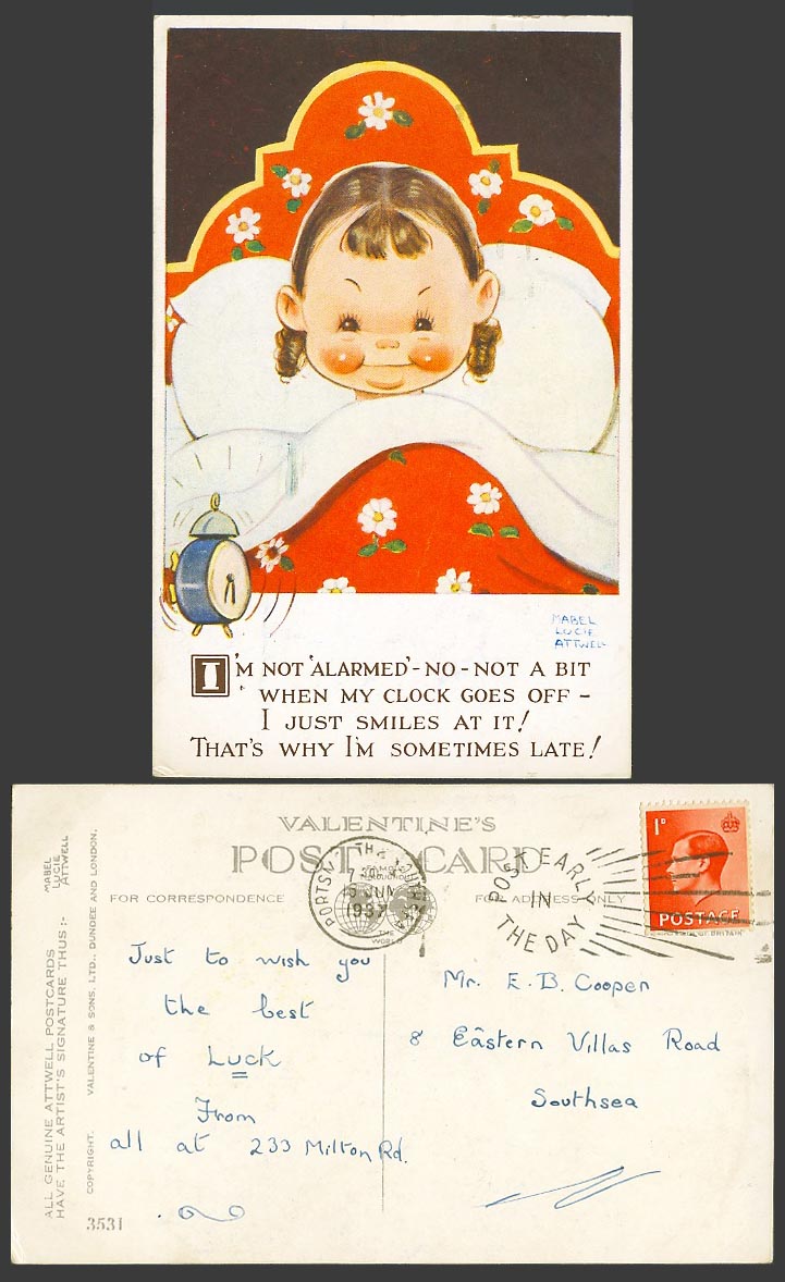 MABEL LUCIE ATTWELL 1937 Old Postcard I'mNot Alarmed When My Clock Goes Off 3531