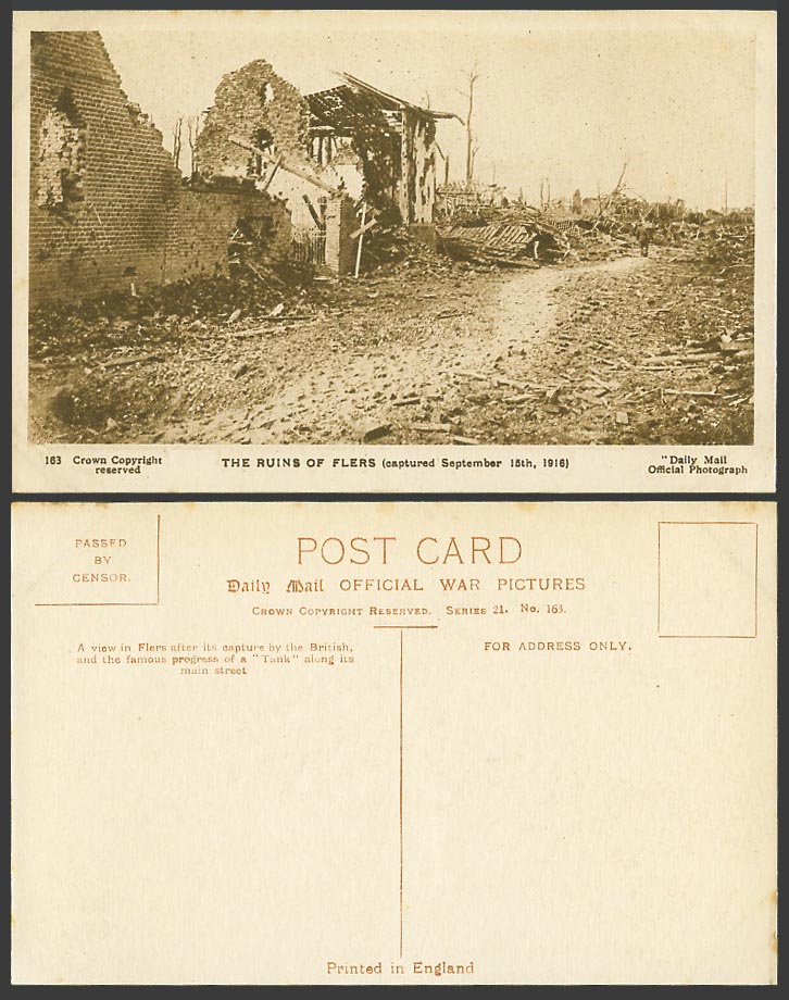 WW1 Daily Mail Old Postcard The Ruins of Flers, France, Captured Sept. 15th 1916